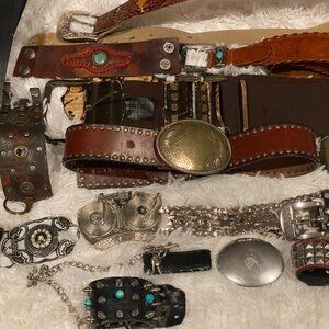 Vintage Lot of Leather Belts Accesories & Belt Buckles Cuffs Jewelry Y2K